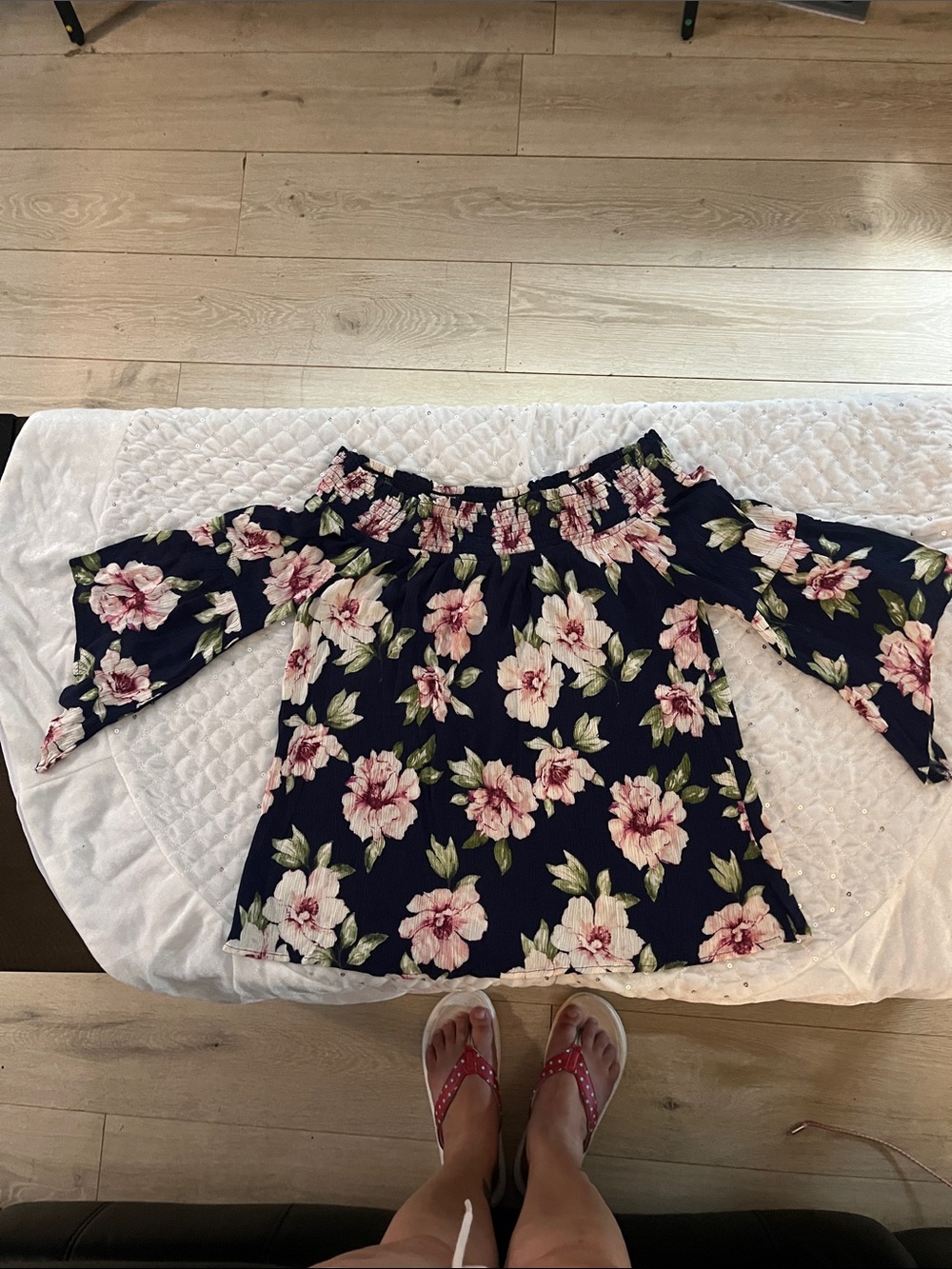 ODDY Navy Off-Shoulder Floral Blouse with Pink Flowers